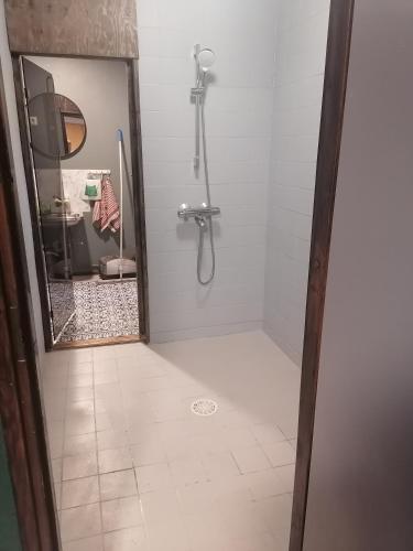 a bathroom with a shower and a mirror at puominmutka in Ilomantsi