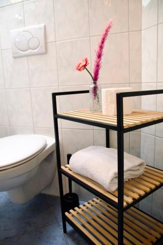 a bathroom with a toilet and a shelf with towels at Hotel Restaurant Ampertal in Haag an der Amper