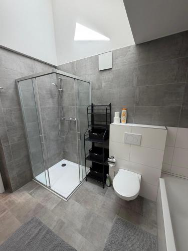 a bathroom with a shower and a toilet at NB14-1 Living in Weingarten (Karlsruhe)
