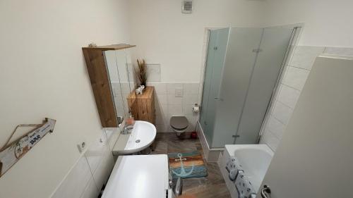 a bathroom with a sink and a shower and a toilet at Ferienwohnung in Birkenwerder mit Balkon in Birkenwerder
