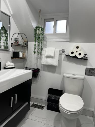 a white bathroom with a toilet and a sink at Niagara Escape Loft in St. Catharines