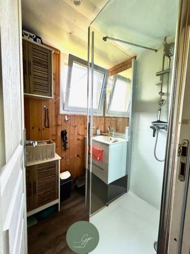 a small bathroom with a sink and a shower at CHALET SUR PILOTIS - 4 personnes - CLIMATISÉ- PISCINE- PROCHE PLAGE in Arès