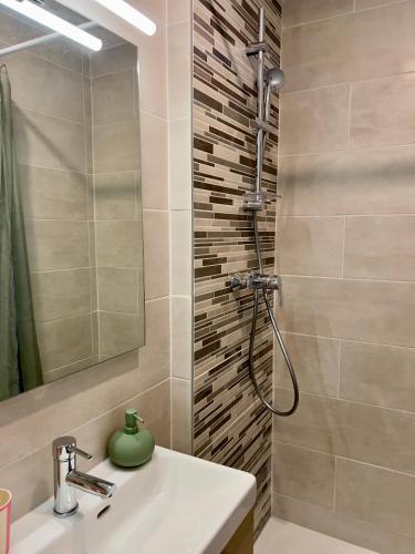 a bathroom with a sink and a shower at Résidence de Noëlle in Canet-en-Roussillon