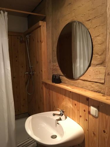 a bathroom with a sink and a mirror at Charmante Ferienwohnung in einzigartiger Anlage - Büdnerei Lehsten in Möllenhagen