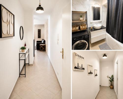 two pictures of a hallway of a apartment at Cosy home Disney in Two min in Chessy