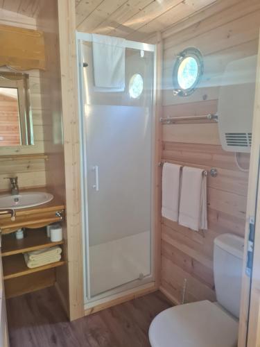 a bathroom with a shower and a toilet and a sink at Hébergements Insolites Camping la Pinède des Mées in Les Mées