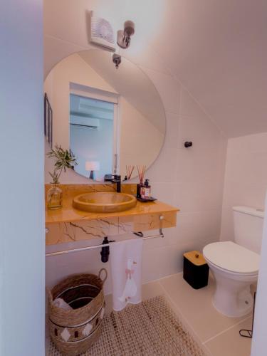 a bathroom with a sink and a mirror and a toilet at Solar Primavera in Palhoça