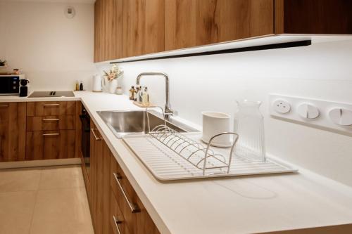 a kitchen sink with a metal drying rack next to it at La Parenthèse - Appartement central avec terrasse in Pontarlier