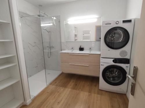 a washer and dryer in a bathroom with a shower at Bonlogem - Air-conditioned apartment Sainte Claire in Pertuis