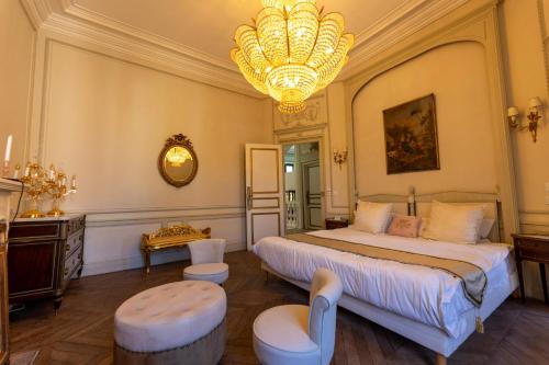 a bedroom with a large bed and a chandelier at Palazzo Di Acqua in Le Mans