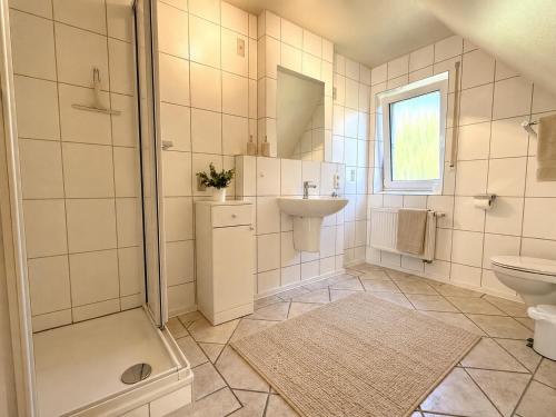 a bathroom with a shower and a sink and a toilet at Nordlicht in Krummhörn