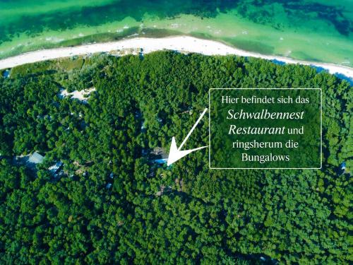 an aerial view of a island with a white beach at Camping Standard Bungalow Ferienwohnung auf Rügen - bis 5 Personen - nur 100m zum Naturstrand - mitten im Wald - Familien und Hunde herzlich willkommen - Feriensiedlung Schwalbennest in Dranske