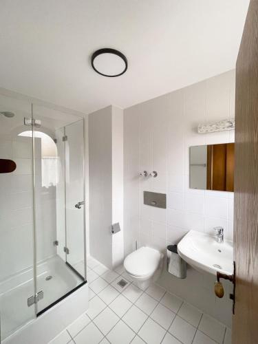 a white bathroom with a toilet and a sink at Hotel Bihler in Bad Aibling