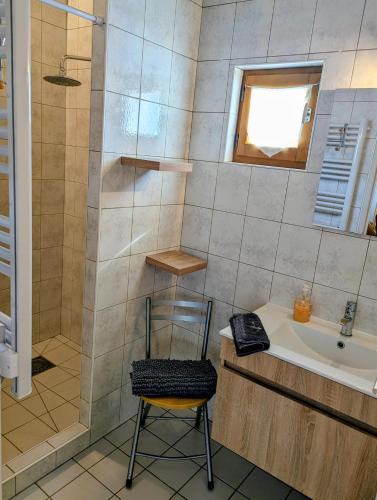 a bathroom with a shower and a chair next to a sink at Gite Entre Pierre et Come in Chablis