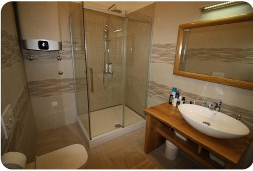 a bathroom with a glass shower and a sink at Wind Rose Apartments Sumartin in Sumartin
