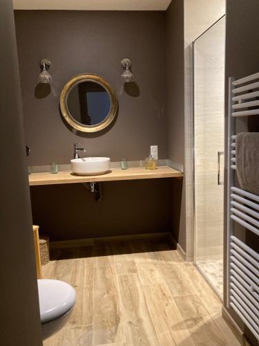 a bathroom with a sink and a mirror at Les Griottes Gite de charme in Verdigny