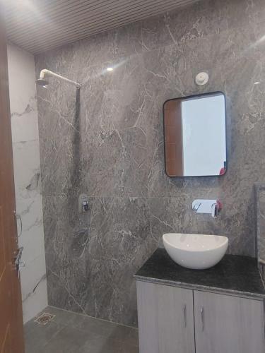a bathroom with a sink and a mirror on the wall at Ganga Bliss in Rishīkesh