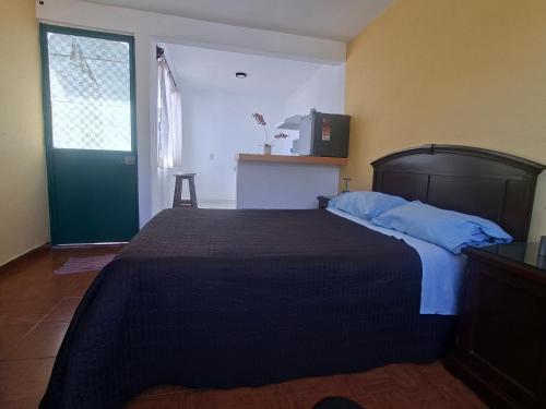 a bedroom with a large bed with a blue blanket at Terraza Amecameca in Amecameca de Juárez