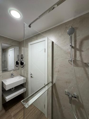 a bathroom with a shower and a sink at Hotel SPICH - Pearl Beach Resort in Čanj