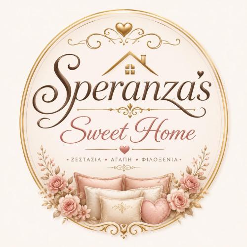 a gold home sweet home label with roses and a pillow at Speranza's Sweet Home, Family House with Garden in Vrontantos in Vrontádos