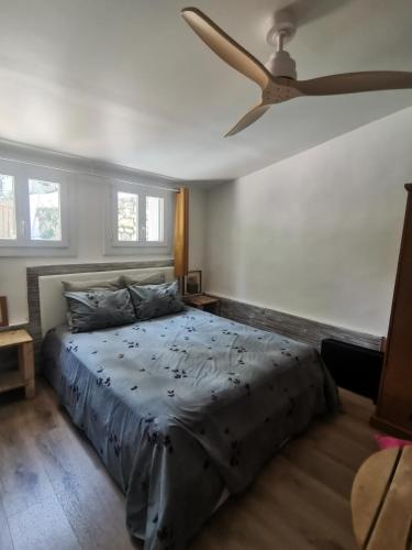 a bedroom with a bed with a ceiling fan at Casa d'Olivier chambre d'hôtes in Arles