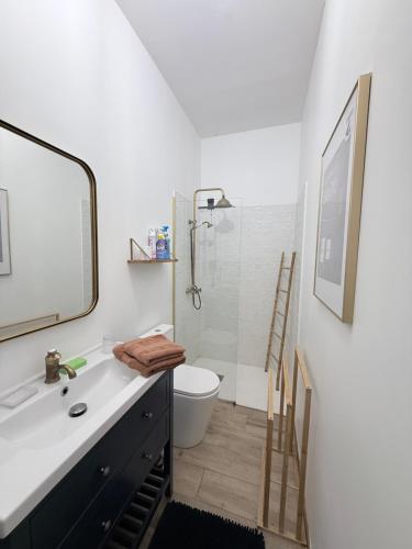 a bathroom with a shower and a toilet and a sink at Chez Joséphine in Gerville
