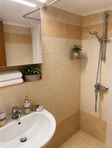 a bathroom with a sink and a shower at Starry Coast Apartments in Nea Potidaea