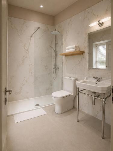 a bathroom with a shower and a toilet and a sink at Powerscourt Arms Hotel in Enniskerry