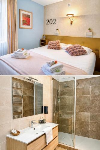 a hotel room with a bed and a bathroom at Logis Hôtels - Hôtel et Restaurant Le Lion d'Or in Gramat