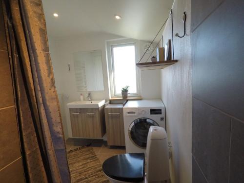 a small bathroom with a washing machine and a window at Top Modern Holiday Home 100 M From The Baltic Sea in Nordborg
