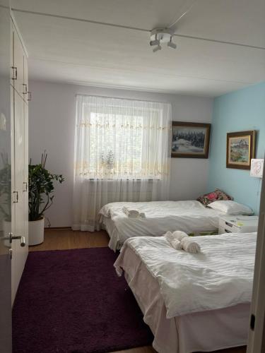 a bedroom with two beds and a window at Viksjo Centrum Apartment in Järfälla