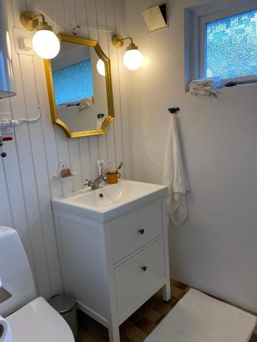 a bathroom with a white sink and a mirror at Peaceful Cottage By The Beach And Nature in Spottrup