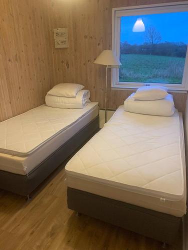zwei Betten in einem Zimmer mit Fenster in der Unterkunft Ruhig Gelegenes Ferienhaus In Meeresnähe in Brenderup