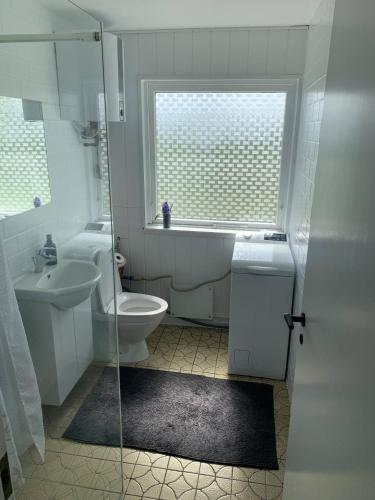 ein Badezimmer mit Toilette, Waschbecken und Fenster in der Unterkunft Ruhig Gelegenes Ferienhaus In Meeresnähe in Brenderup