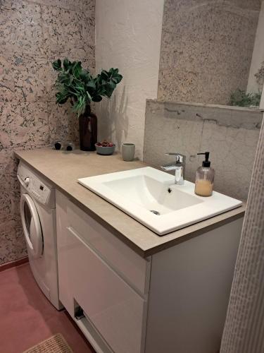 a bathroom with a sink and a washing machine at Beautiful Holiday Home On An Undisturbed Plot in Rødby