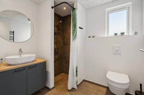 ein Badezimmer mit Waschbecken, Toilette und Dusche in der Unterkunft Schönes, Neues Haus Am Meer in Aabenraa