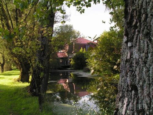 a view of a house from between two trees at LOGIS Hôtel Le Chantoiseau in Chaumont-sur-Aire