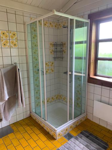 a shower with a glass enclosure in a bathroom at Experience The Forest And Sea in Ålsgårde