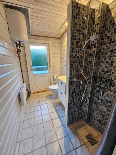 a bathroom with a shower and a toilet at The Sun House in Hundested