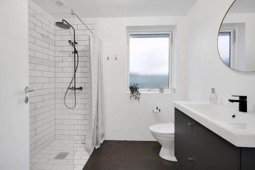 ein weißes Badezimmer mit Dusche und Toilette in der Unterkunft Schönes Neu Renoviertes Sommerhaus Am Meer in Frørup