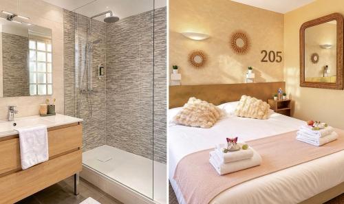 a bedroom with a shower and a bed and a bathroom at Logis Hôtels - Hôtel et Restaurant Le Lion d'Or in Gramat