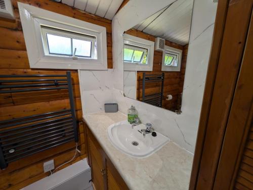 a bathroom with a sink and a mirror at Cabin Aelwyd Snowdonia in Trawsfynydd