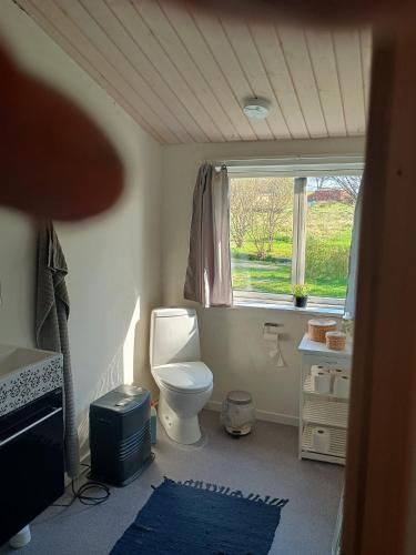 a bathroom with a toilet and a window at Charming Summer House In An Idyllic Area in Gylling