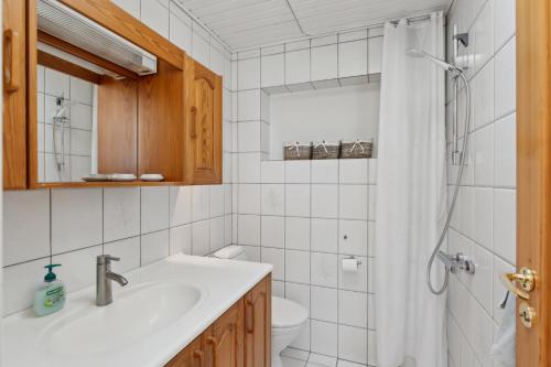 a bathroom with a sink and a toilet and a shower at Lovely Beach House With Panoramic View in Martofte