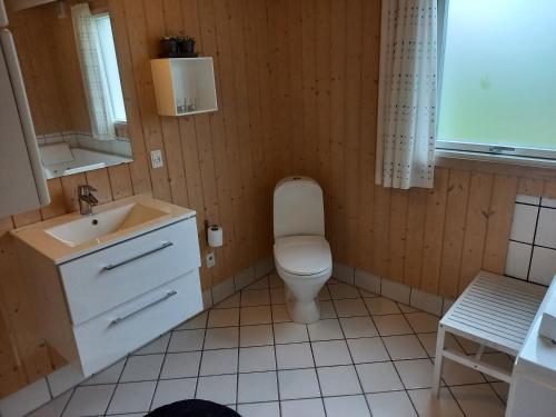 a small bathroom with a toilet and a sink at Holiday Home Near Hvalpsund in Farsø