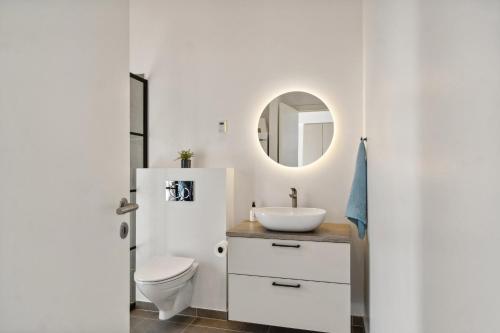 a bathroom with a sink and a toilet and a mirror at Seaside Cottage With A Stunning View in Allingåbro