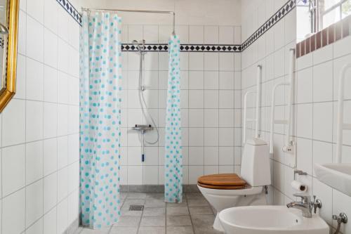 a bathroom with a toilet and a shower at Margretehøj Manor In Scenic Surroundings in Grenå