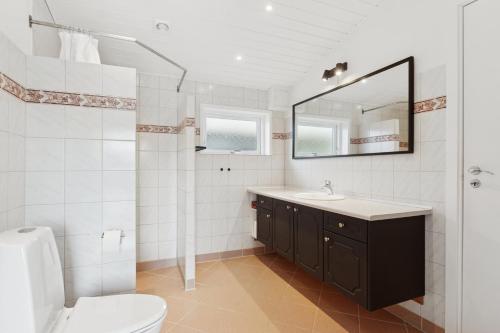 a bathroom with a sink and a toilet and a mirror at Quiet Holiday Home With Annex And Great Outdoor in Bogø By