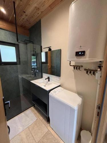 a bathroom with a white sink and a mirror at L'ecorce sauvage 4/6 pers in Rocles