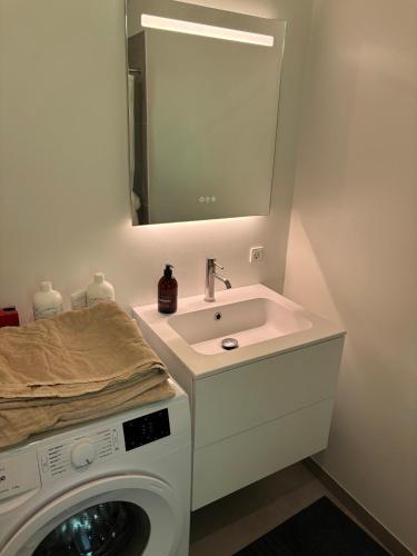 a bathroom with a sink and a washing machine at Stylish Cottage Near Beach Cliffs Harbour in Havnelev